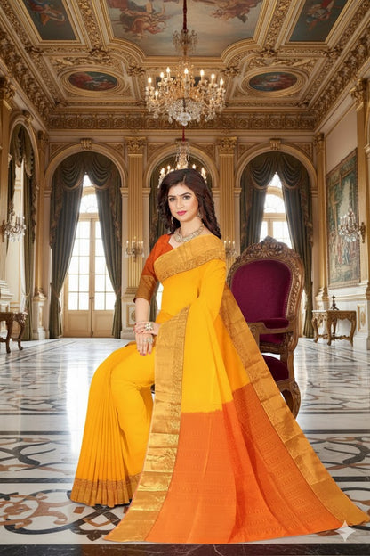 Kanjivaram Slik Saree Golden Border And Pure Silk Yellow Sari
