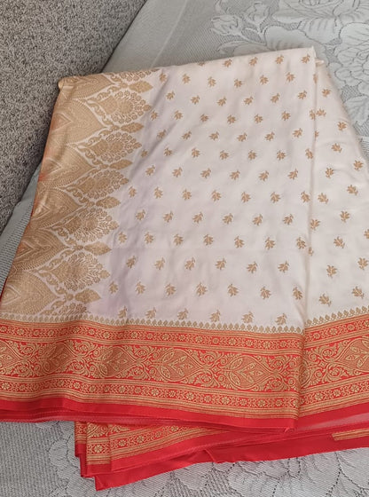 Banarsi Silk Saree With Zari Weaved - Red/Cream