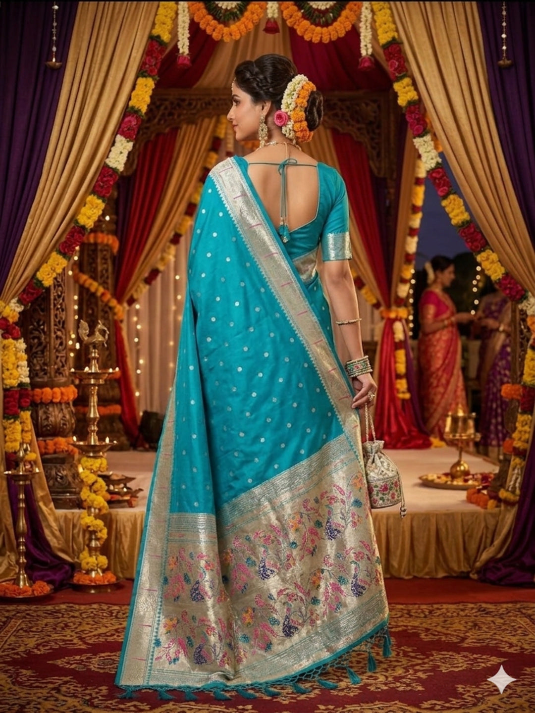 Soft Silk Paithani Peacock Saree Zari Border Swarovski Work with Booti/Unstitched Blouse