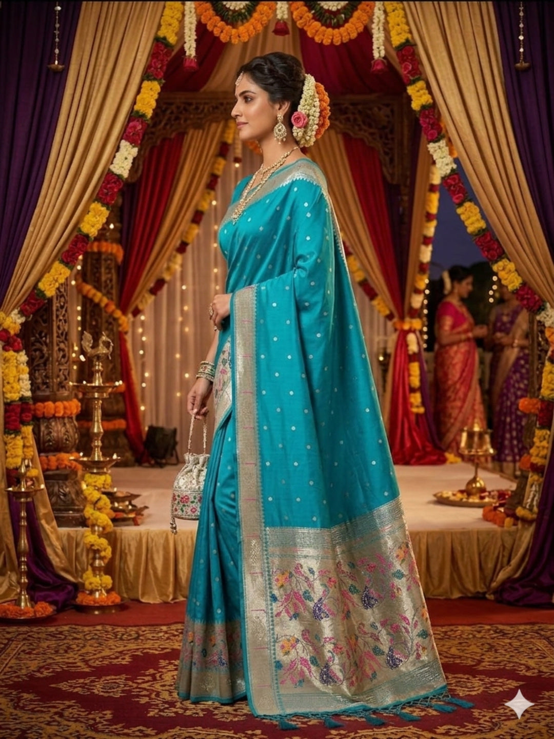 Soft Silk Paithani Peacock Saree Zari Border Swarovski Work with Booti/Unstitched Blouse