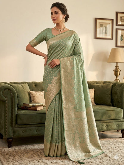 Soft Silk Light Green & Golden Zari Border with Booti/Unstitched Blouse