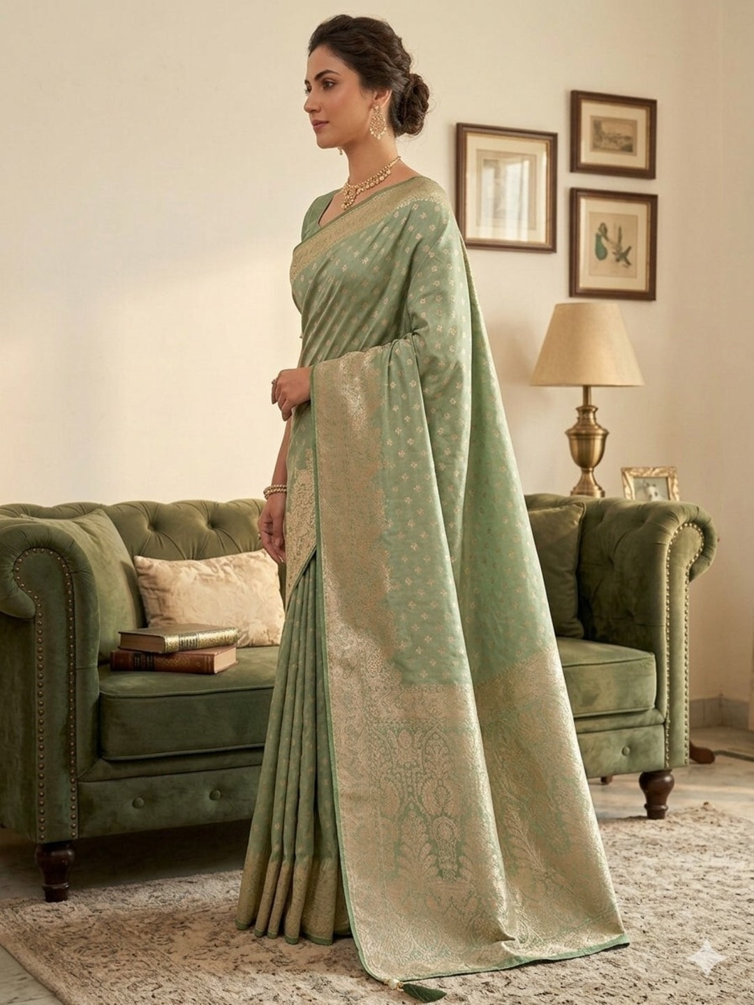 Soft Silk Light Green & Golden Zari Border with Booti/Unstitched Blouse