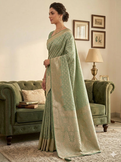 Soft Silk Light Green & Golden Zari Border with Booti/Unstitched Blouse
