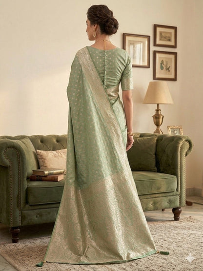 Soft Silk Light Green & Golden Zari Border with Booti/Unstitched Blouse