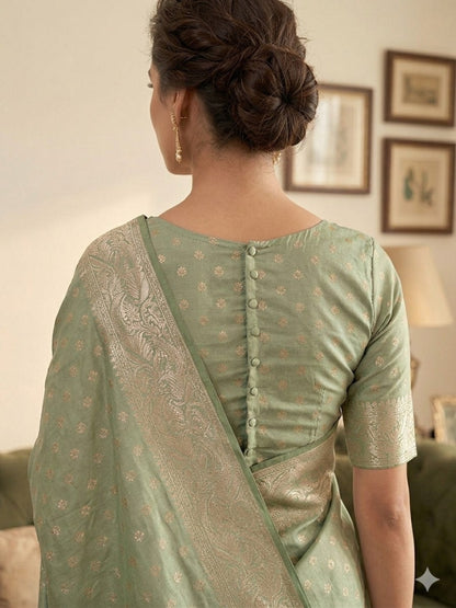Soft Silk Light Green & Golden Zari Border with Booti/Unstitched Blouse