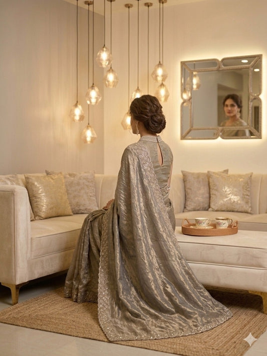 Grey & Golden Shimmer Silk Cut dana and swarovski work/unstitched blouse