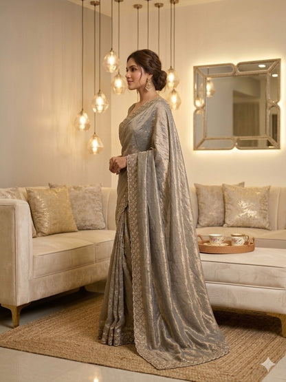 Grey & Golden Shimmer Silk Cut dana and swarovski work/unstitched blouse