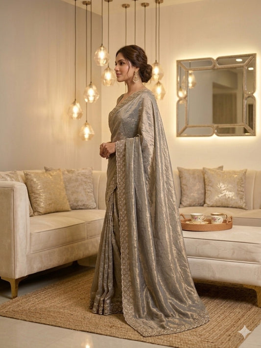 Grey & Golden Shimmer Silk Cut dana and swarovski work/unstitched blouse