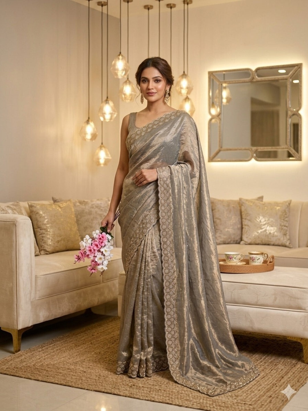 Grey & Golden Shimmer Silk Cut dana and swarovski work/unstitched blouse