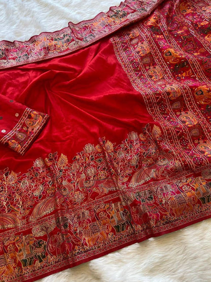 Women Pure Soft Rajwadi Pashmina Silk Weaving Saree With Butti Blouse - Red