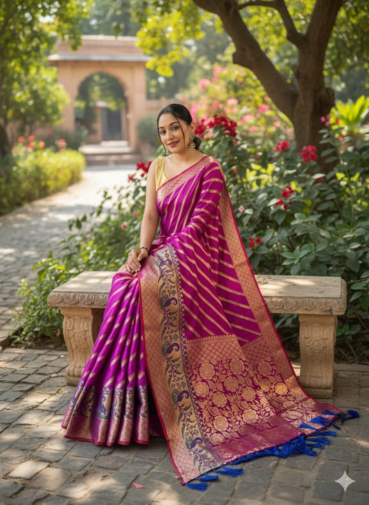 Silk Sarees with Gold Zari Zigzag Weaving - Pink