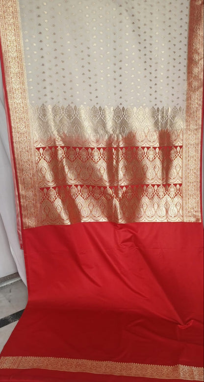 Banarsi Silk Saree With Zari Weaved - Red/Cream