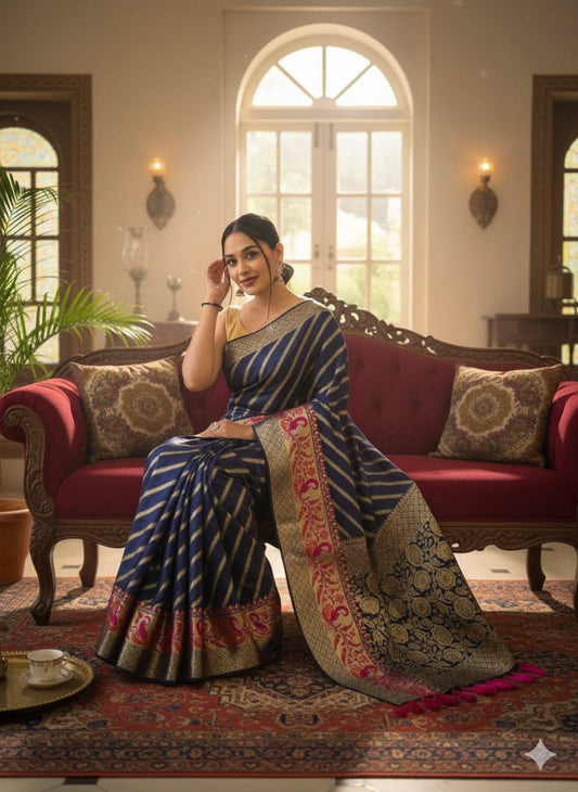 Silk Sarees with Gold Zari Zigzag Weaving - Blue