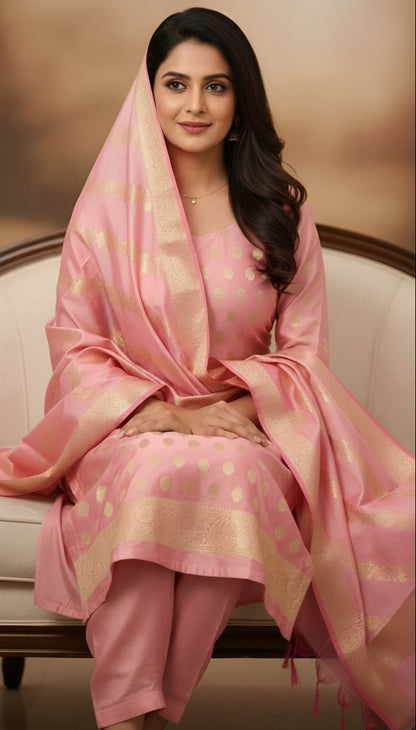 Unstitched Tapeta Silk Pink Suit For Women-Resham Weaving