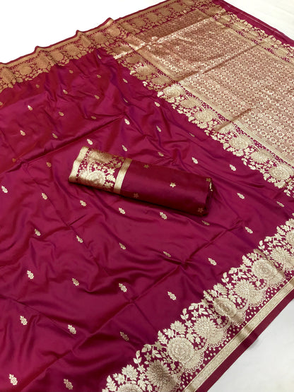 Women Pure Soft Banarsi Silk Saree Maroon With Zari Weaved