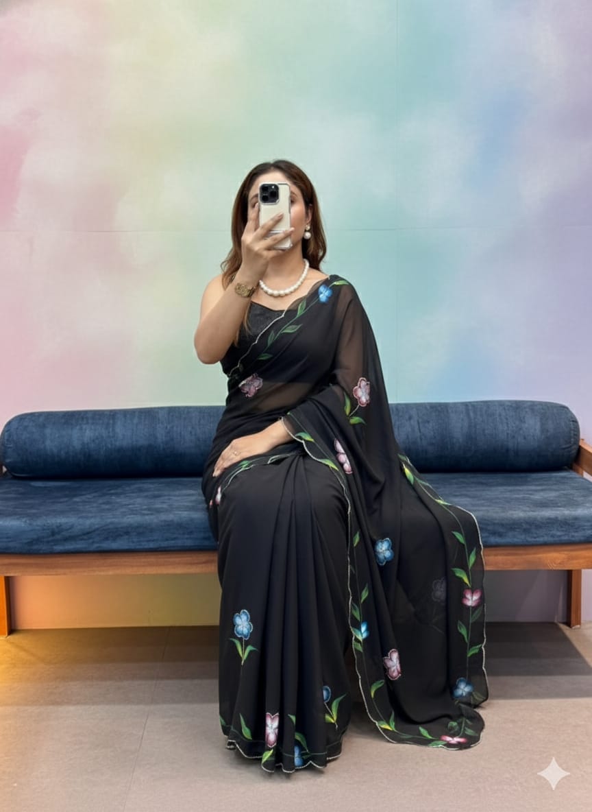 Handpaint Saree With Cut Dana Handwork