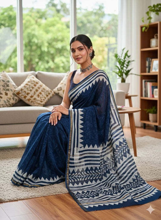 Soft Chanderi Silk Saree With Gold Zari Border