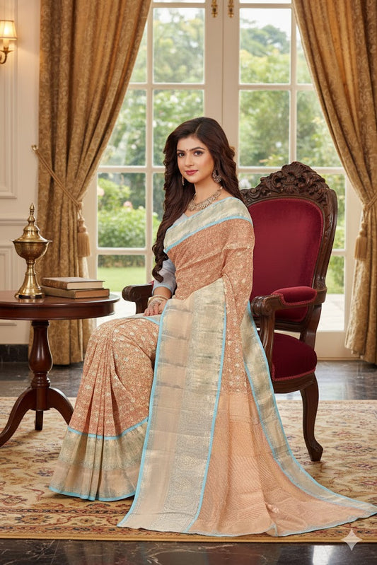 Silk Sari/Saree Peach Tissue silk Kanjivaram style festive partywear unstitched blouse pc
