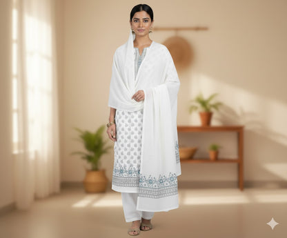 Traditional Kashmiri Ivory Zari Suit Unstitched Dress -Ivory Indian Silk | Premium Silk