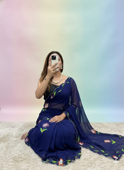 Handpaint Saree With Cut Dana Handwork