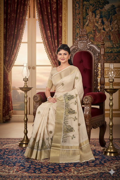 Muga silk sari with beautiful work and matka design golden border saree