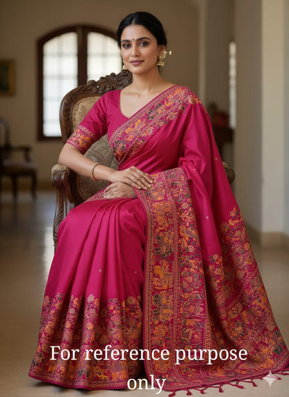 Women Pure Soft Rajwadi Pashmina Silk Weaving Saree With Butti Blouse - Pink
