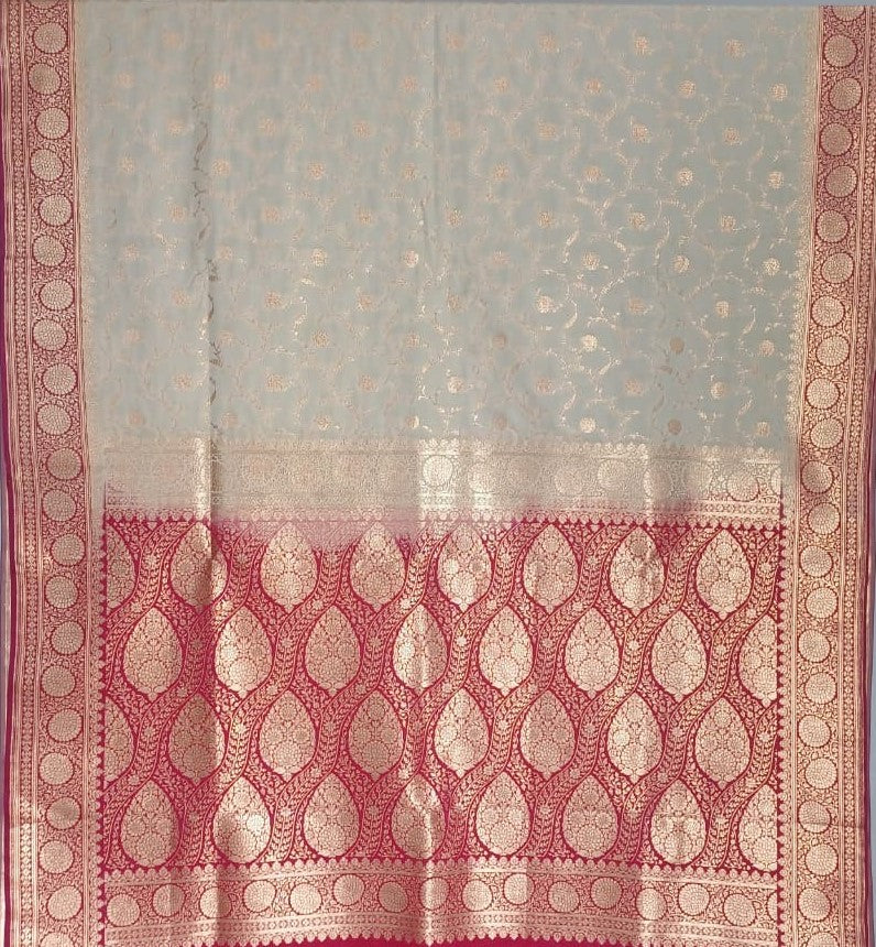 Banarasi Silk Cream & Dark Pink Zari Weaving Work Unstitched Blouse