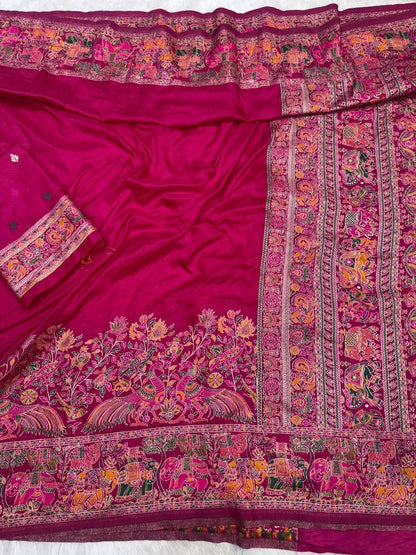 Women Pure Soft Rajwadi Pashmina Silk Weaving Saree With Butti Blouse - Pink