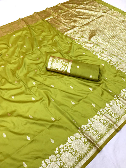 Women Pure Soft Banarsi Silk Saree Olive Green With Zari Weaved