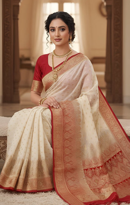 Banarsi Silk Saree With Zari Weaved - Red/Cream