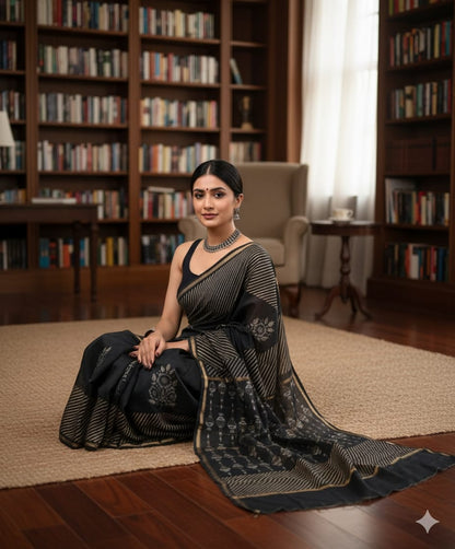 Soft Chanderi Silk Saree With Gold Zari Border