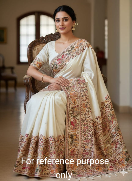 Women Pure Soft Rajwadi Pashmina Silk Weaving Saree With Butti Blouse - White