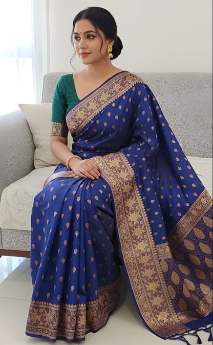 Banarsi  Blue Silk Saree With Zari Weaving