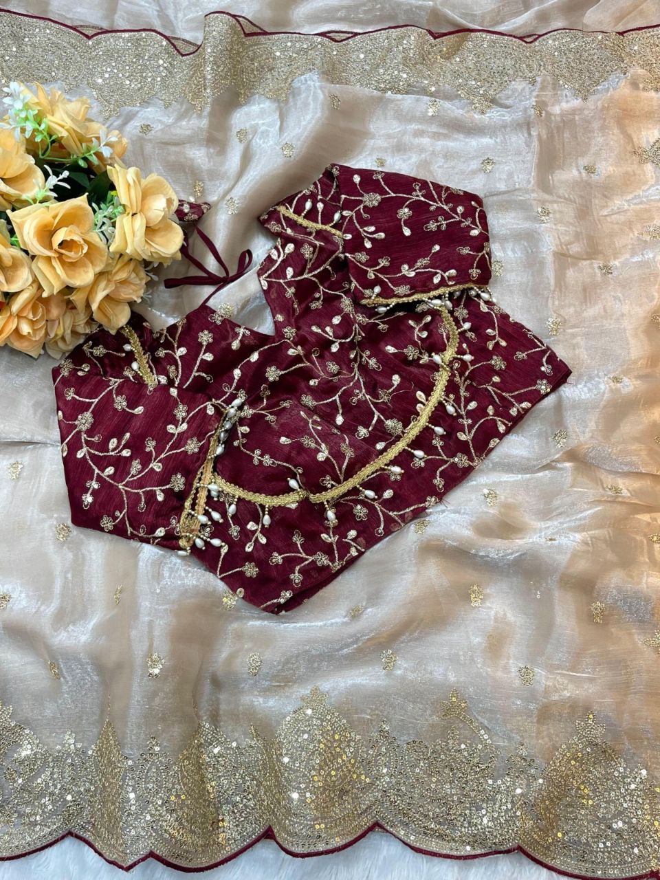 Pure Zimmy Chhoo Satin Saree With Beautiful 3MM Sequence Zari (C-Pallu)