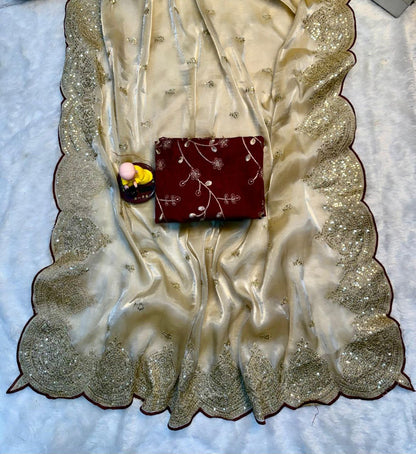 Pure Zimmy Chhoo Satin Saree With Beautiful 3MM Sequence Zari (C-Pallu)