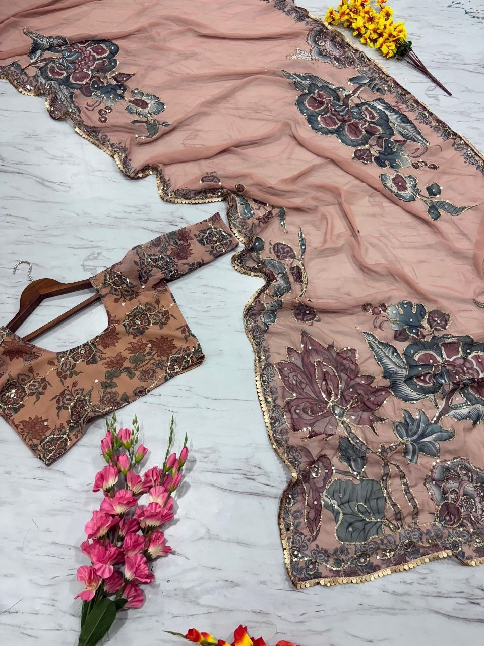 Georgette Embellished , Sequins Work, Hand Mirror Work Saree/Sari