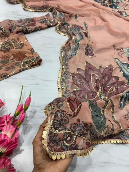 Georgette Embellished , Sequins Work, Hand Mirror Work Saree/Sari