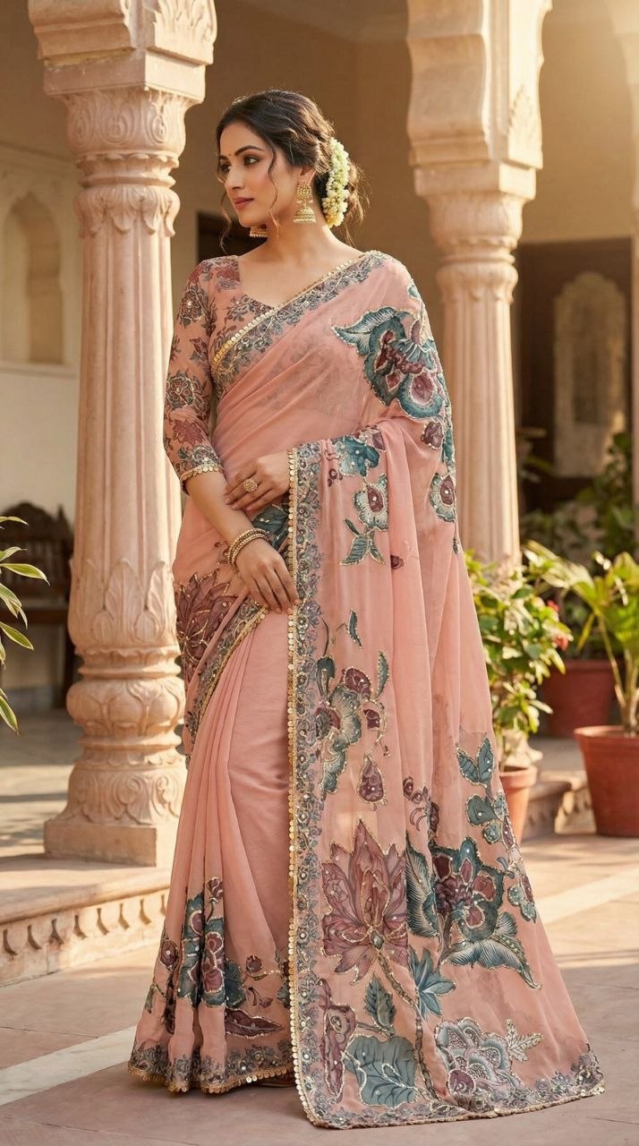 Georgette Embellished , Sequins Work, Hand Mirror Work Saree/Sari