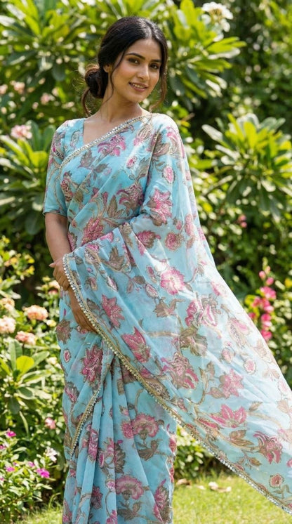 Sky blue Georgette Embellished , Sequins Work, Hand Mirror Work Saree/Sari