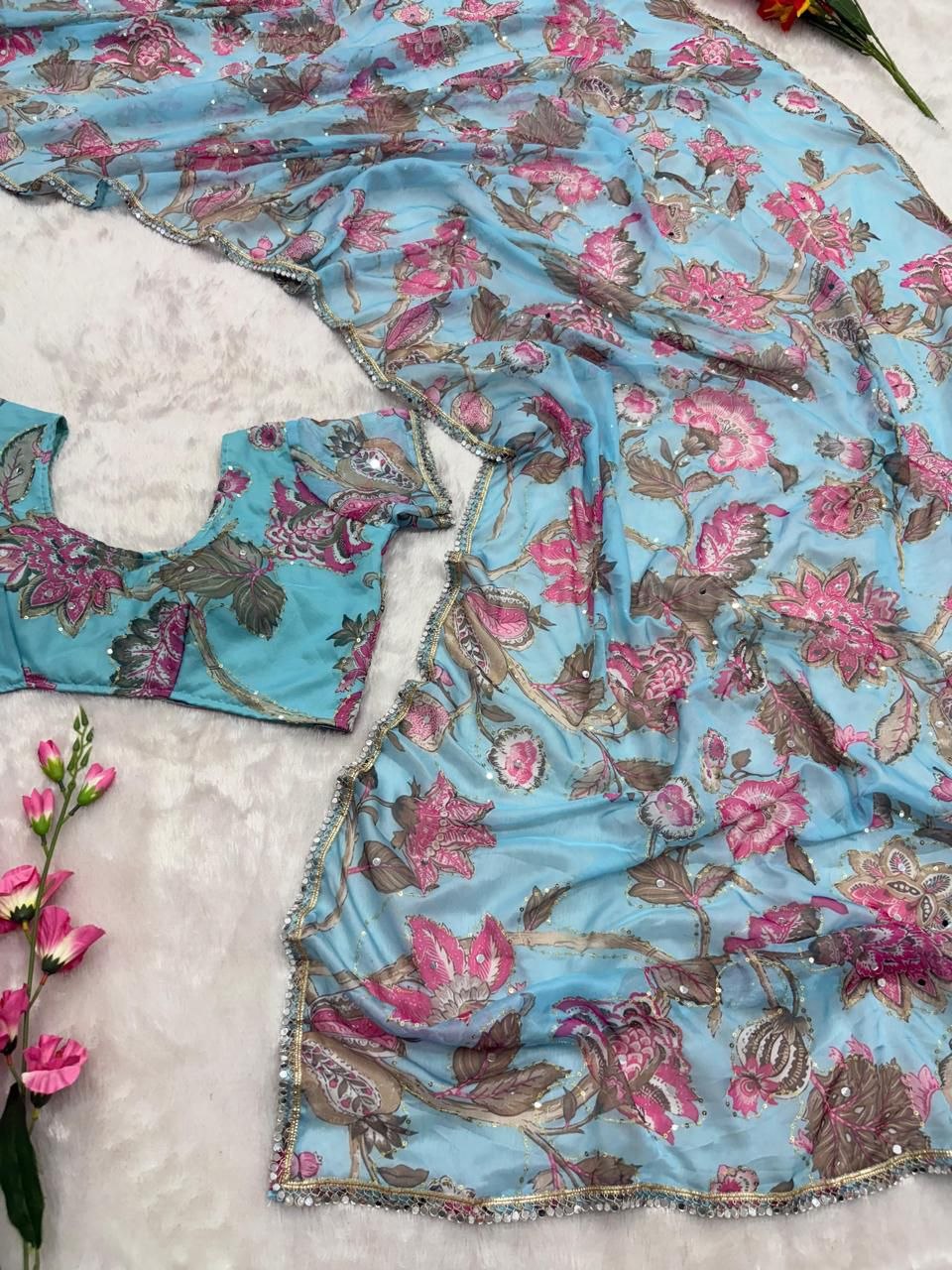 Sky blue Georgette Embellished , Sequins Work, Hand Mirror Work Saree/Sari