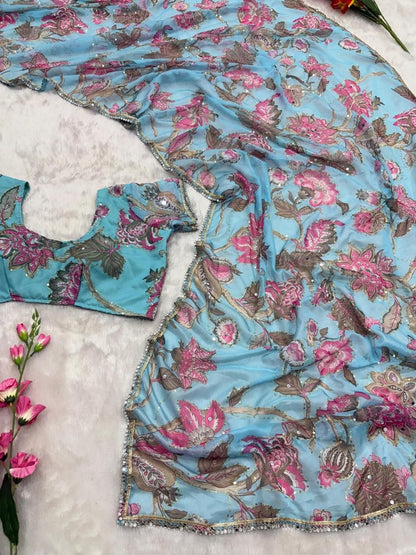 Sky blue Georgette Embellished , Sequins Work, Hand Mirror Work Saree/Sari