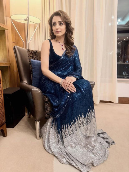 Heavy Pallu Dual Sequins Georgette Embroidery Work In Saree/Sari