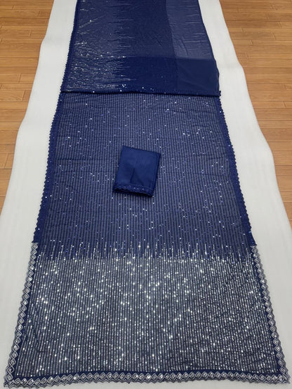 Heavy Pallu Dual Sequins Georgette Embroidery Work In Saree/Sari