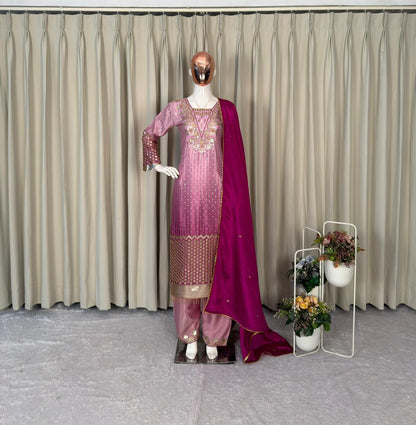 CHINON PRINTED WITH SEQUENCE EMBROIDERY BORDAR LACE WORK