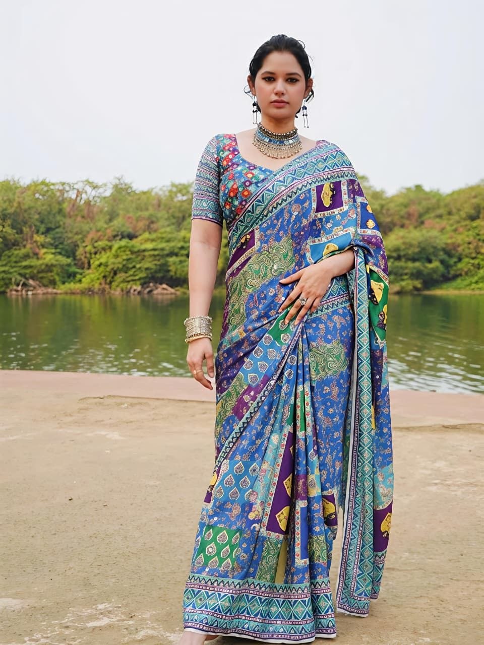 Heavy masakali georgette saree with rajgharana culture digital print and  mirror work