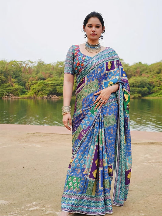 Heavy masakali georgette saree with rajgharana culture digital print and  mirror work