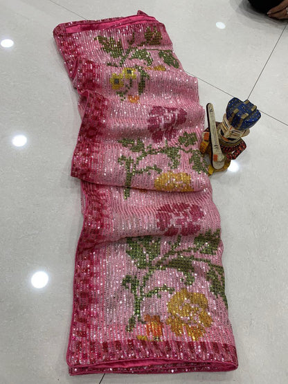 FULL HEAVY SEQUINS SAREE WITH WORK AND SOFT SILK BLOUSE