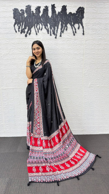 Satin Silk Heavy Mirror Work with Elegant Viscose Latkan Pallu Border