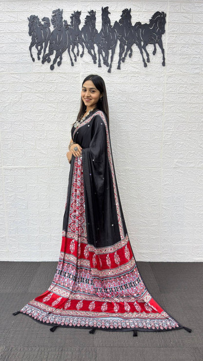 Satin Silk Heavy Mirror Work with Elegant Viscose Latkan Pallu Border