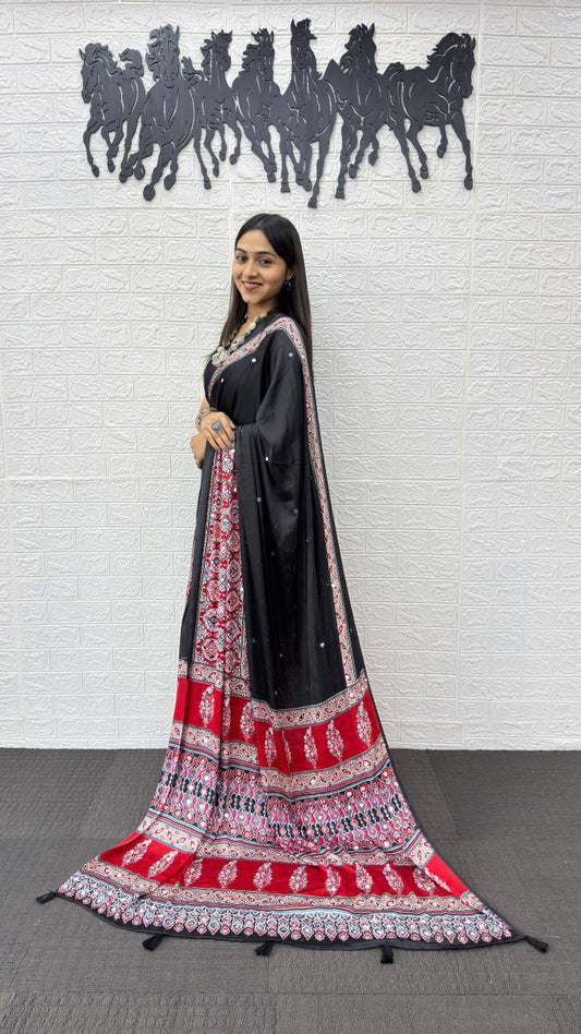 Satin Silk Heavy Mirror Work with Elegant Viscose Latkan Pallu Border